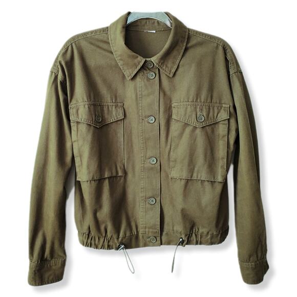 Women Olive Green Utility Jacket M Modern Minimalist Military Cropped Casual - Picture 1 of 9